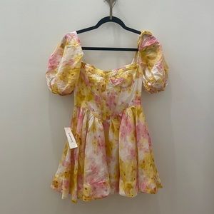 Bardot floral print corset puff sleeve minidress